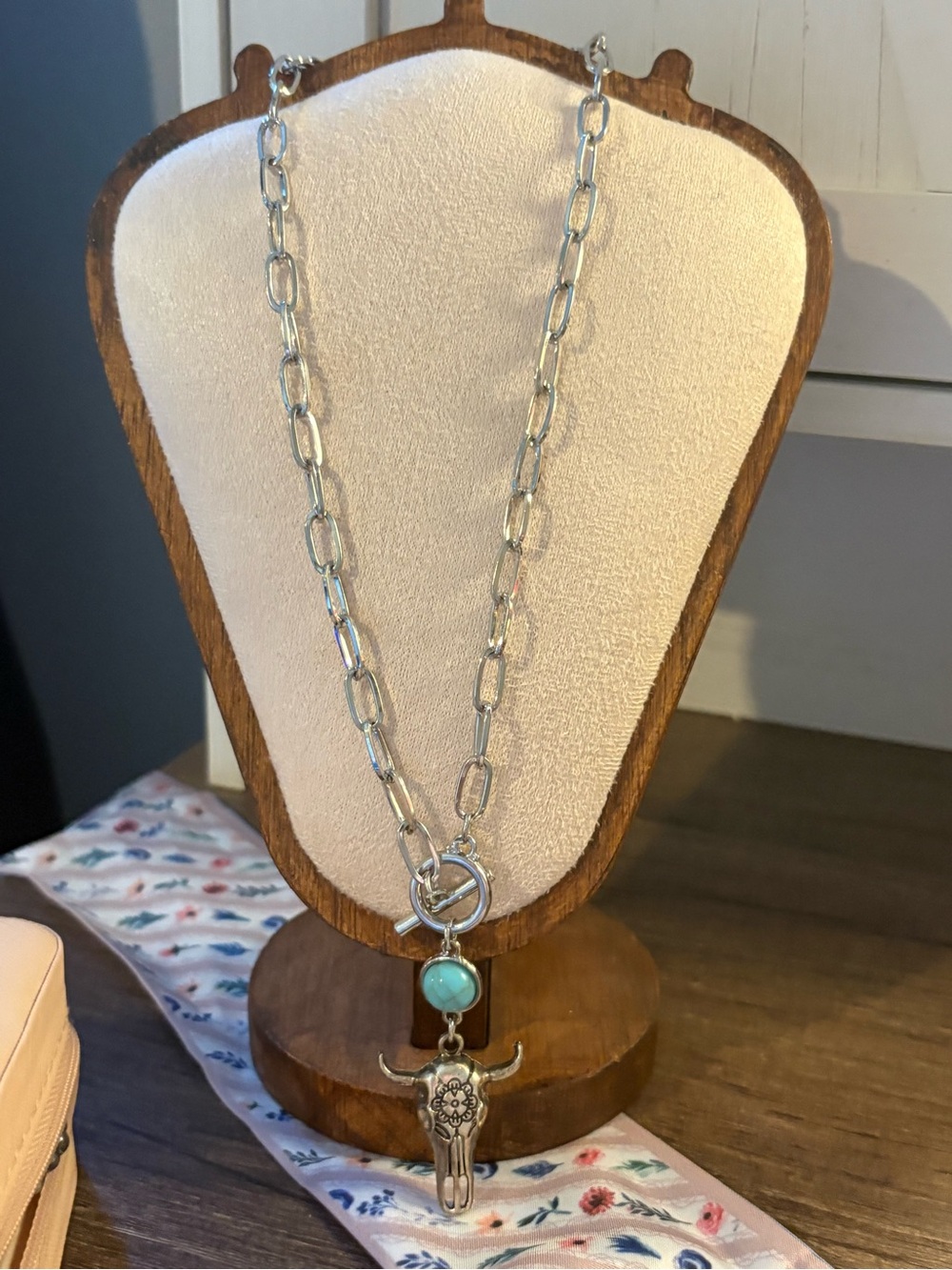 Silver Chain Necklace with Turquoise Accent and Bull Skull Pendant